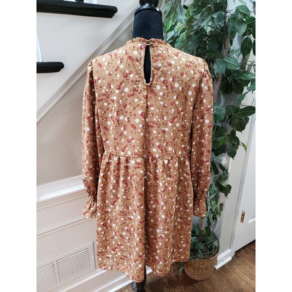 Est 1946 Women's Brown Lined Floral Long Sleeve Crew Neck Shift Dress Size Large - Picture 8 of 13